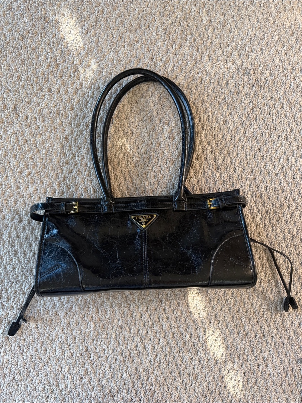 Prada Medium Bonnie Black Patent Leather Shoulder Bag with Gold Accent